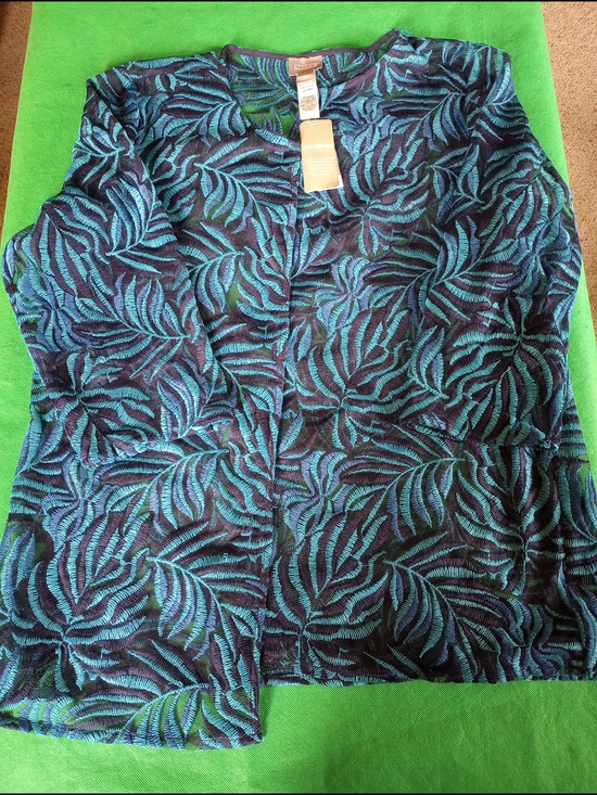 Chico's Sweaters - Chico's Teal and Black Leaf-Print Sheer Knit Cardigan